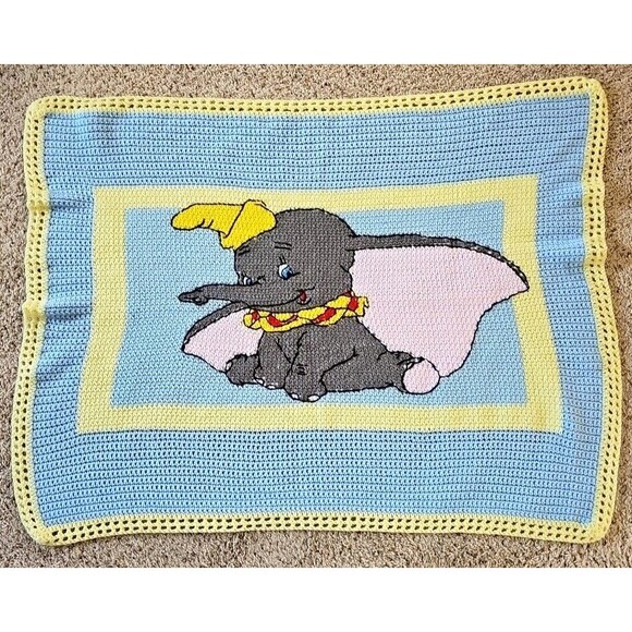 Handmade Dumbo Baby Blanket Crochet Blue Yellow Soft Knit Elephant Nursery Decor - Picture 1 of 13